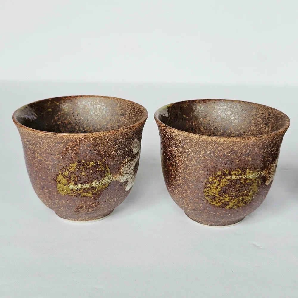 Vtg Japanese Style Tea Cup Set 5 Brown Speckled Pottery Wabi Sabi Rustic Earthy‎
